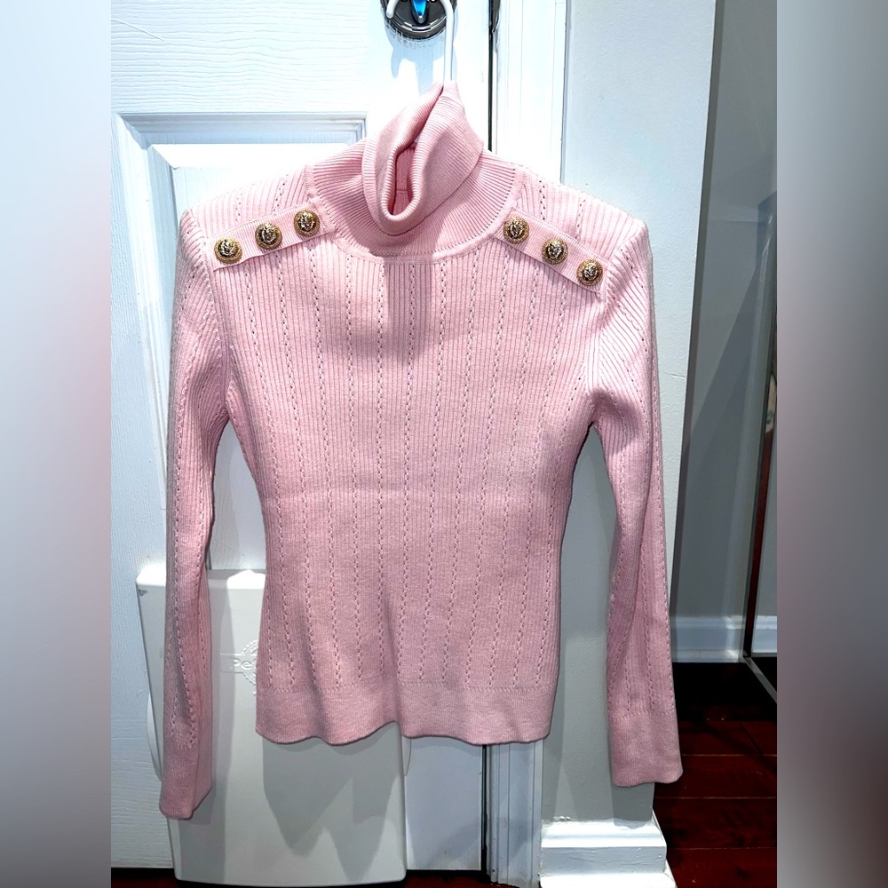 Shoulder Buttoned Pink Turtleneck Sweater